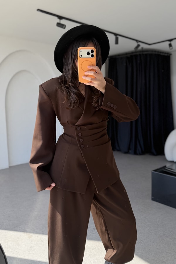 Tamara Kahve Premium Blazer Düğmeli Takım