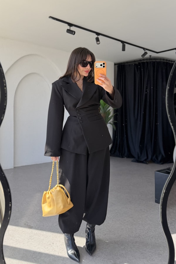 Tamara Siyah Premium Blazer Düğmeli Takım