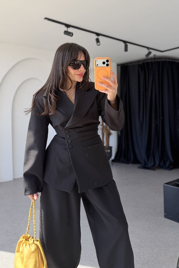 Tamara Siyah Premium Blazer Düğmeli Takım