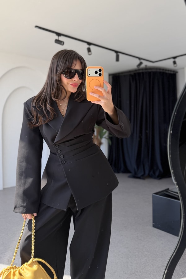Tamara Siyah Premium Blazer Düğmeli Takım