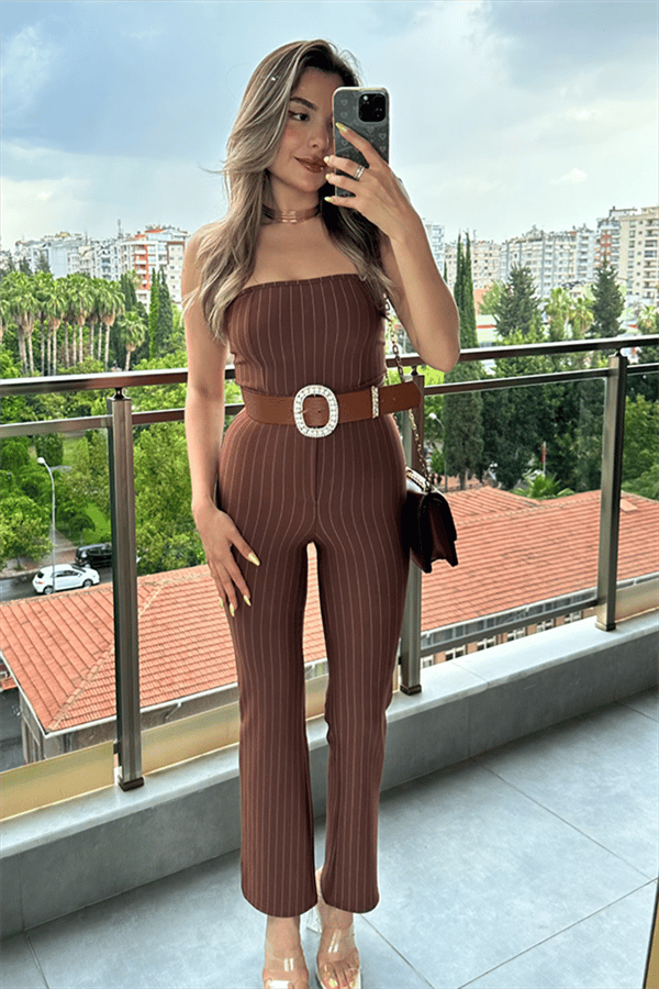 Tanya acı kahve çizgili straplez ikili takım