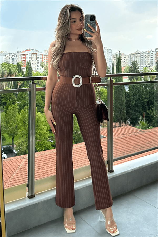Tanya acı kahve çizgili straplez ikili takım
