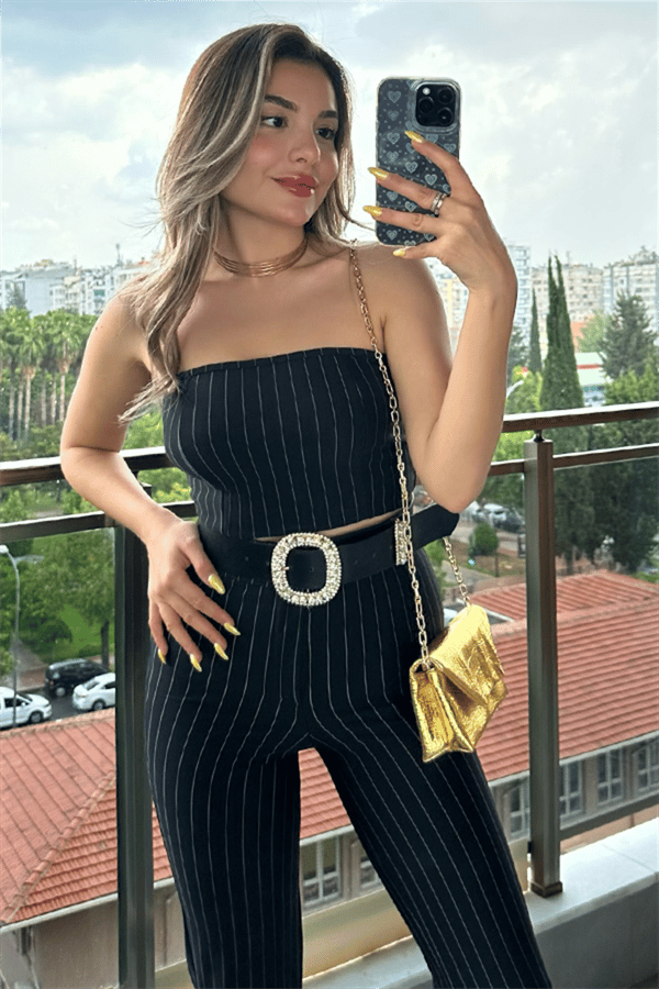 Tanya siyah çizgili straplez ikili takım