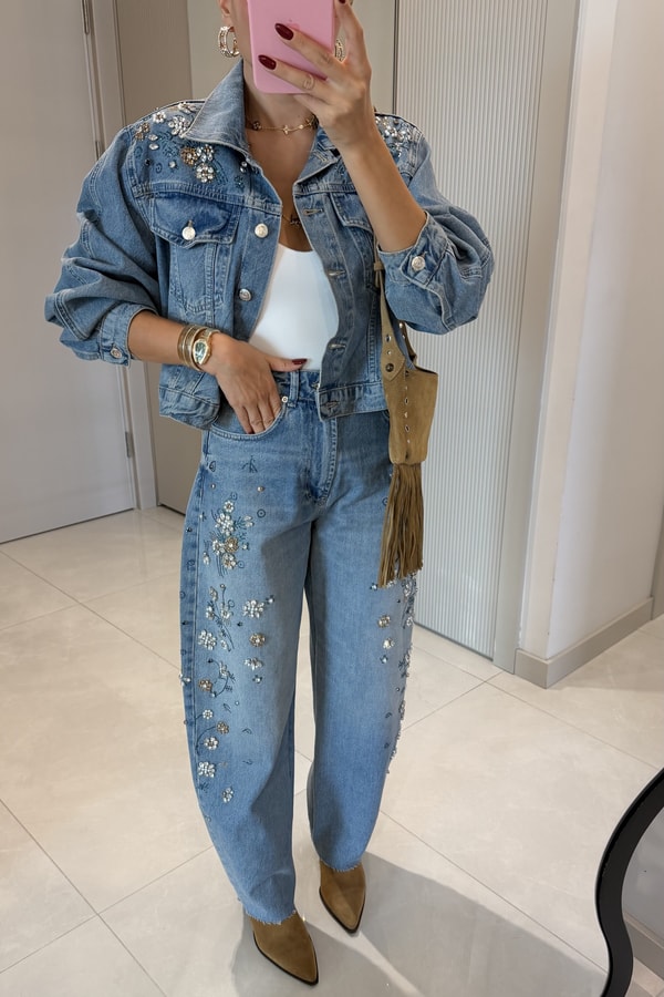 Tatiana Full Çakım Taş İşlemeli Denim Ceket