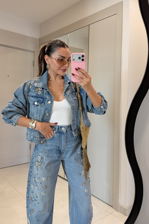 Tatiana Full Çakım Taş İşlemeli Denim Ceket