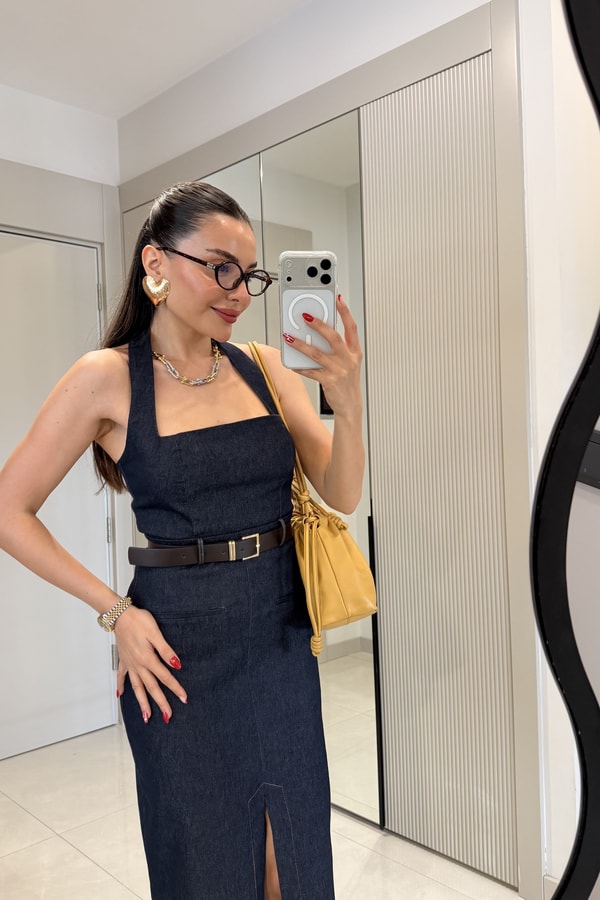 Teach Lacivert Kemerli Denim Elbise