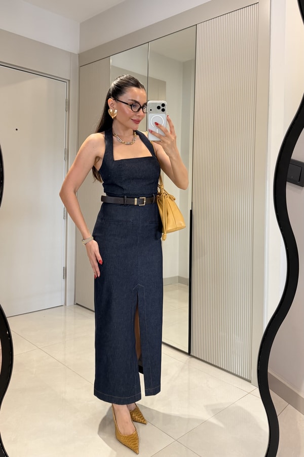 Teach Lacivert Kemerli Denim Elbise