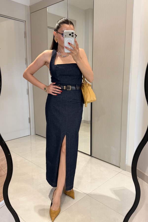 Teach Lacivert Kemerli Denim Elbise
