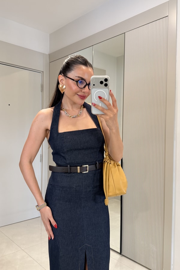 Teach Lacivert Kemerli Denim Elbise