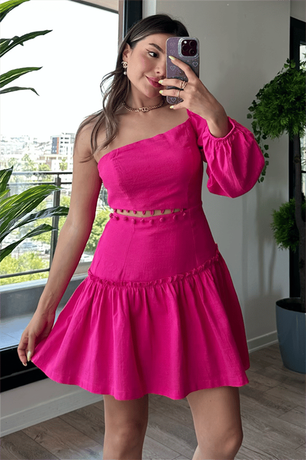 Tek omuz yandan dekolteli pembe elbise