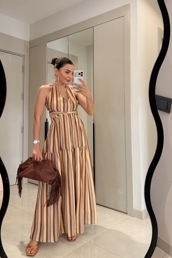 Thalia Çizgili Bohem Maxi Elbise