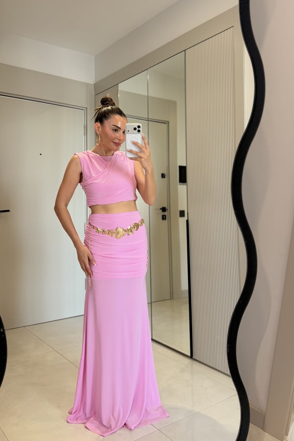 Thedra Pembe Sandy Drapeli Tasarım Etekli Takım