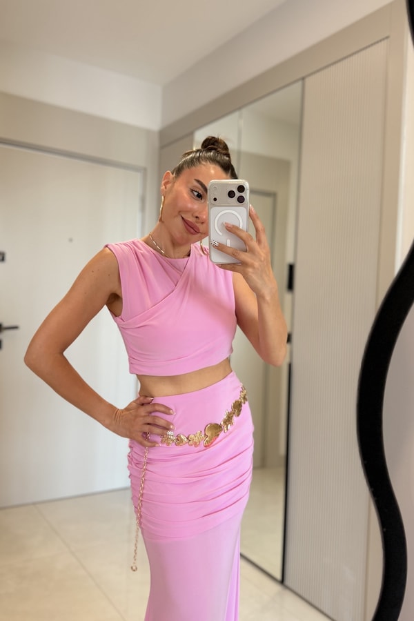 Thedra Pembe Sandy Drapeli Tasarım Etekli Takım