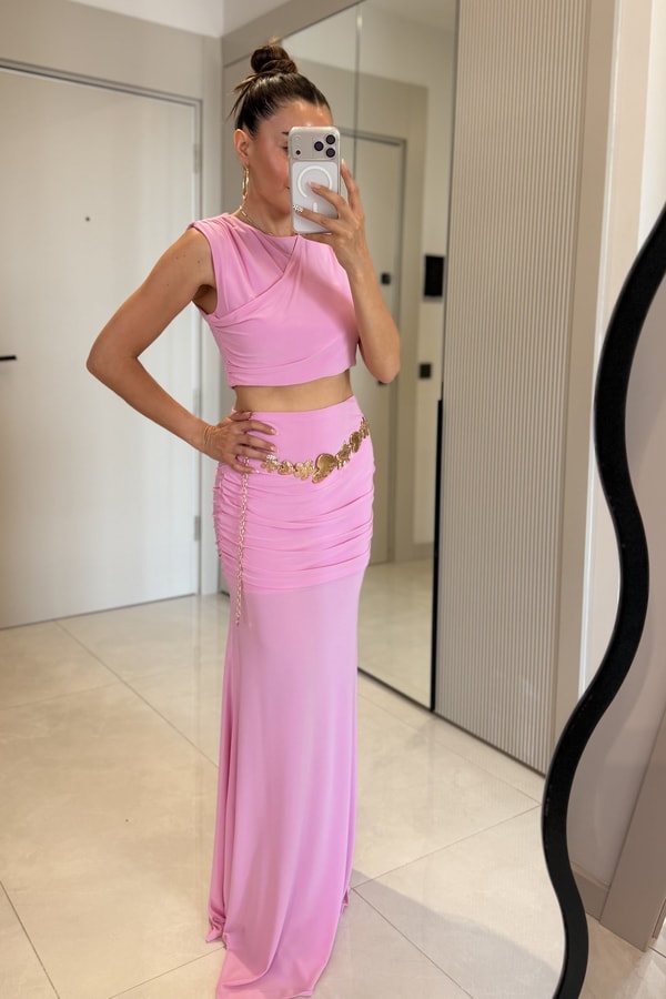 Thedra Pembe Sandy Drapeli Tasarım Etekli Takım