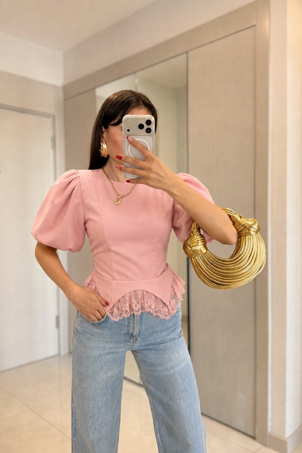 Tidael Pembe Balon Kol Dantel Detaylı Bluz