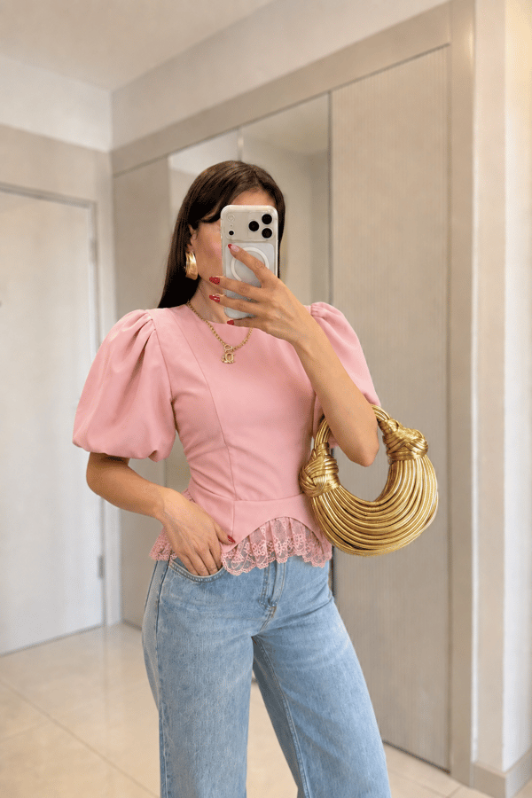 Tidael Pembe Balon Kol Dantel Detaylı Bluz