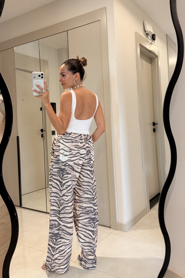 Tiera Zebra Desenli Beli Bağcıklı Palazzo Pantolon