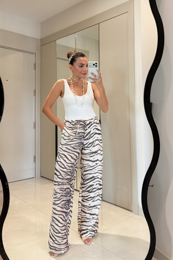 Tiera Zebra Desenli Beli Bağcıklı Palazzo Pantolon