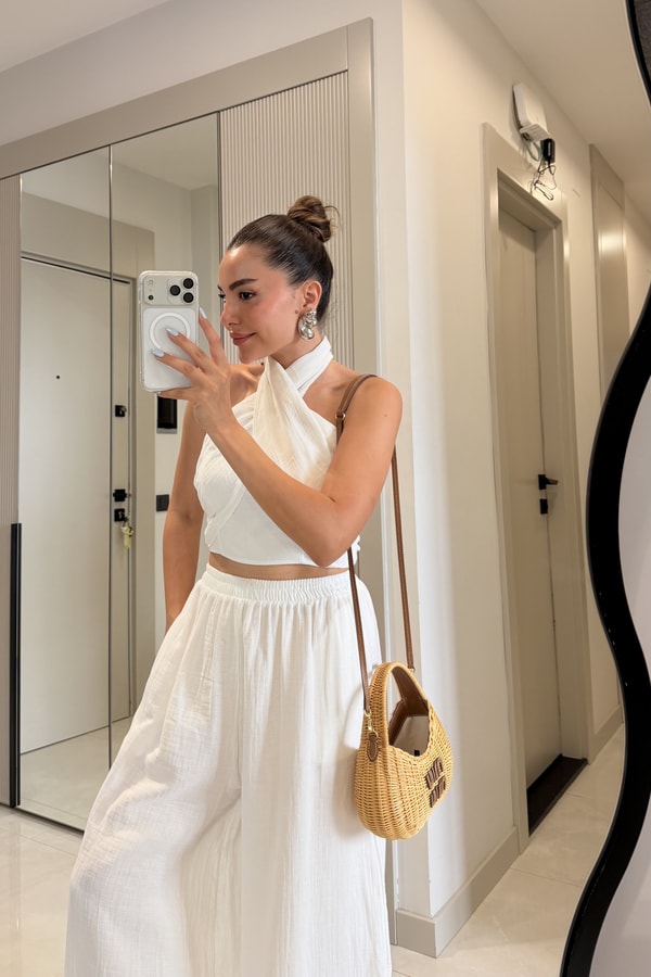 Tiffany Beyaz Müslin Bağlamalı Bluz ve Pantolon Takım