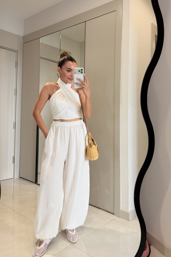 Tiffany Beyaz Müslin Bağlamalı Bluz ve Pantolon Takım