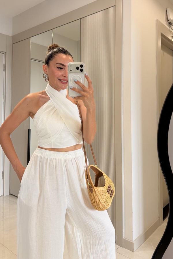 Tiffany Beyaz Müslin Bağlamalı Bluz ve Pantolon Takım