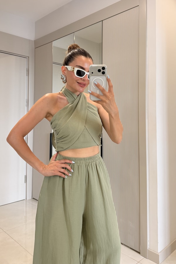 Tiffany Haki Müslin Bağlamalı Bluz ve Pantolon Takım