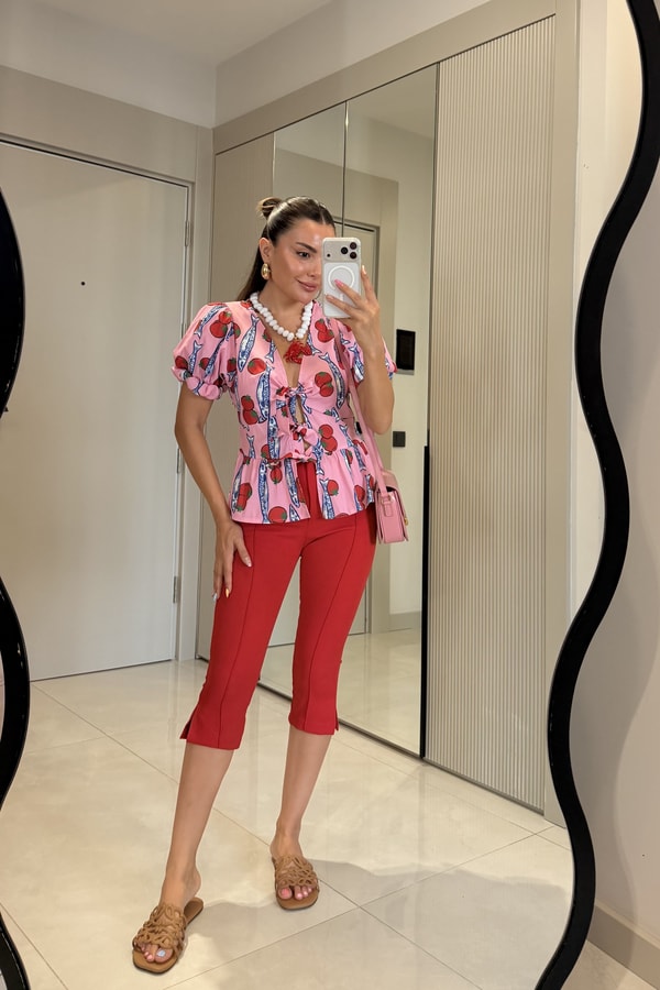 Tomato Pembe Desenli Bağlama Detaylı Karpuz Kol Bluz
