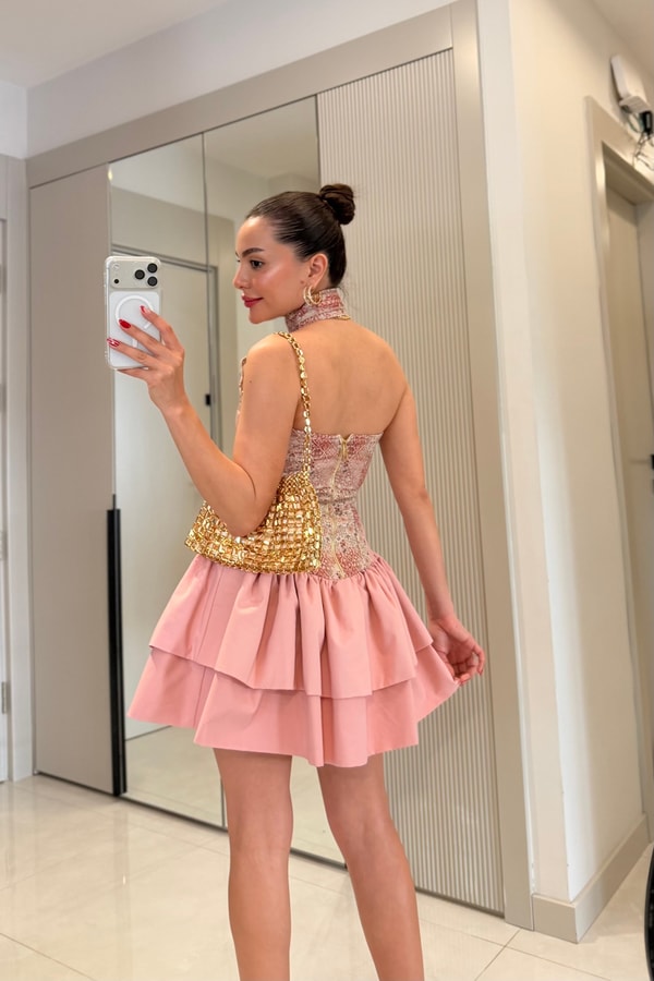 Towley Pembe Desenli Tasarım Elbise