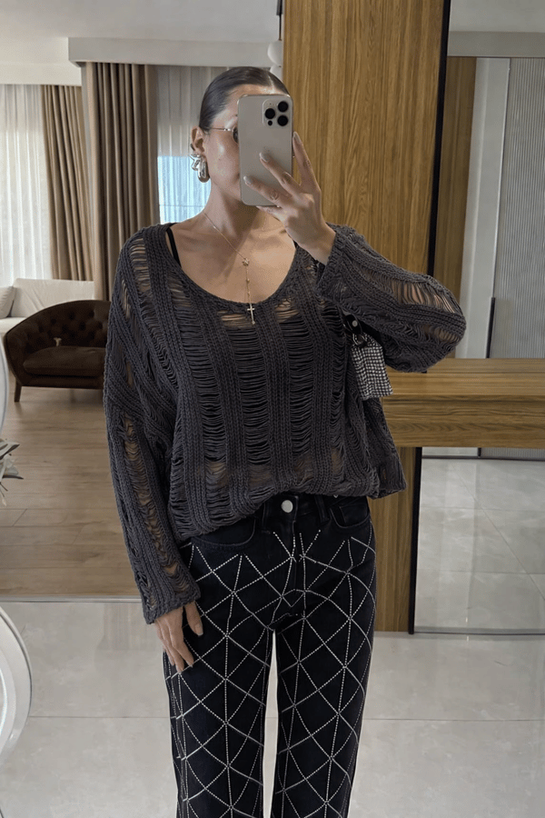 Tuala Gri Ajur Füme Organik Triko Crop