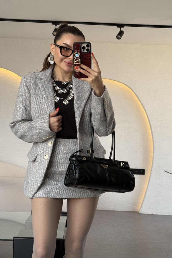 Tweed Gri İçi Şortlu Etek Takım 