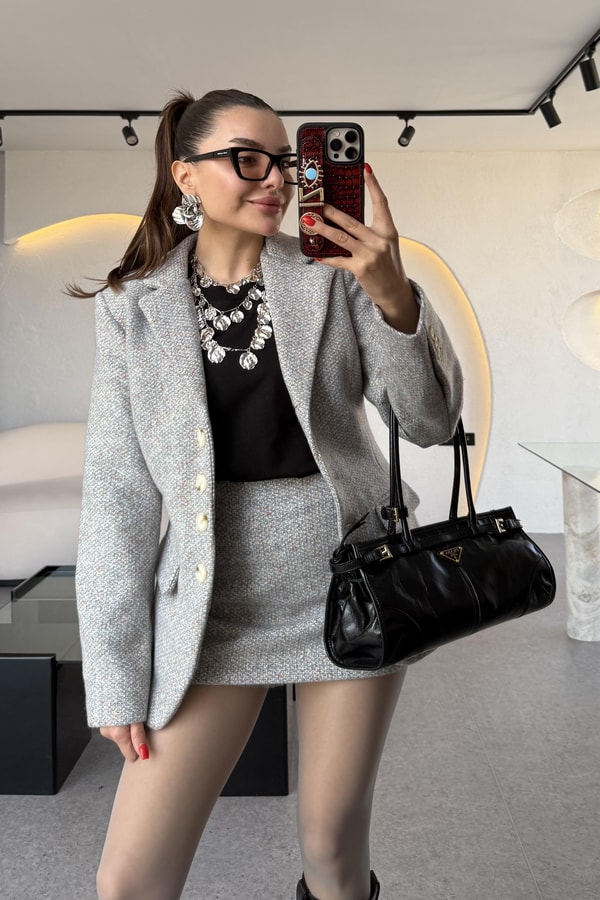 Tweed Gri İçi Şortlu Etek Takım 