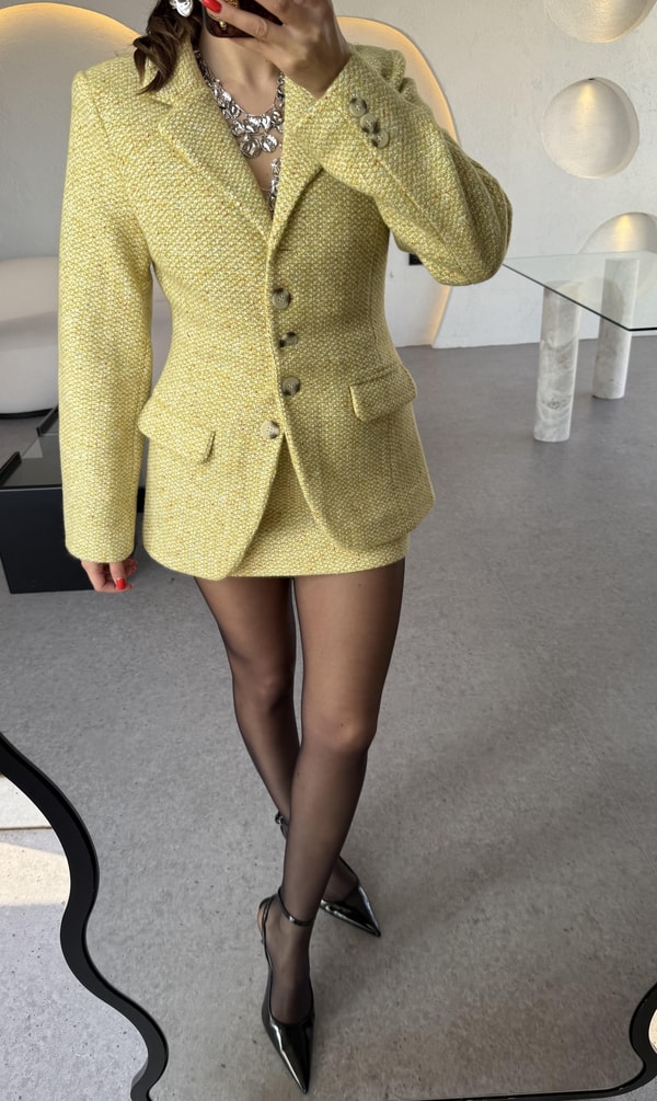 Tweed Sarı İçi Şortlu Etek Takım 