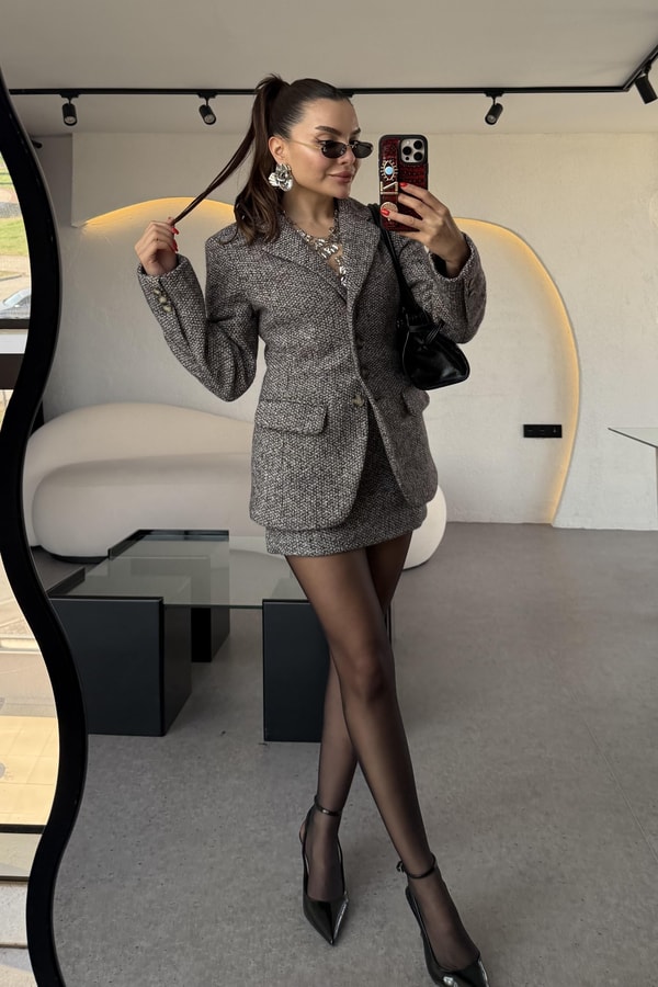Tweed Siyah İçi Şortlu Etek Takım 