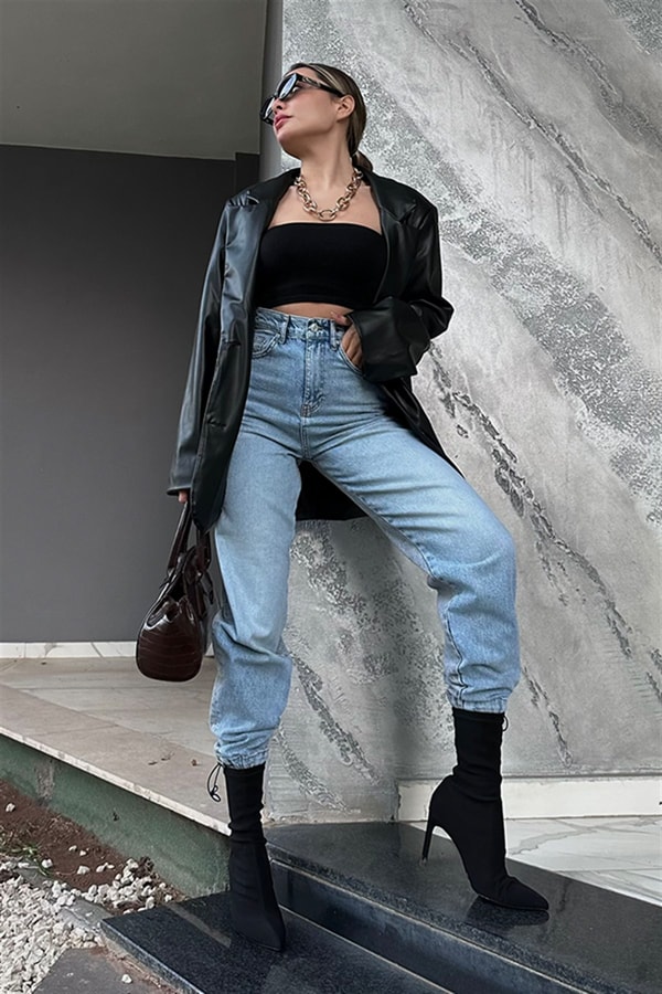 Twist paçası lastikli mom jean