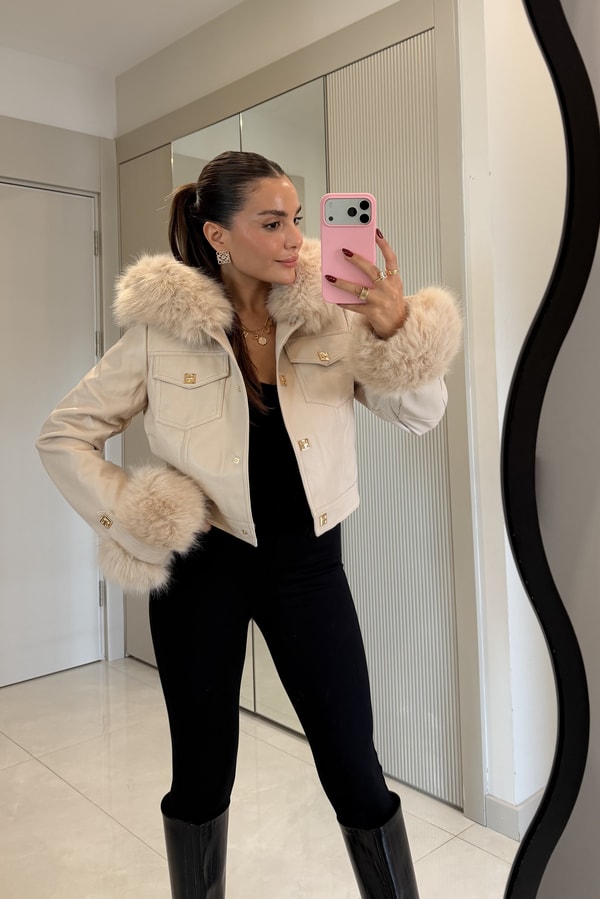 Valeria Bej İçi Kürk Astarlı Premium Deri Mont