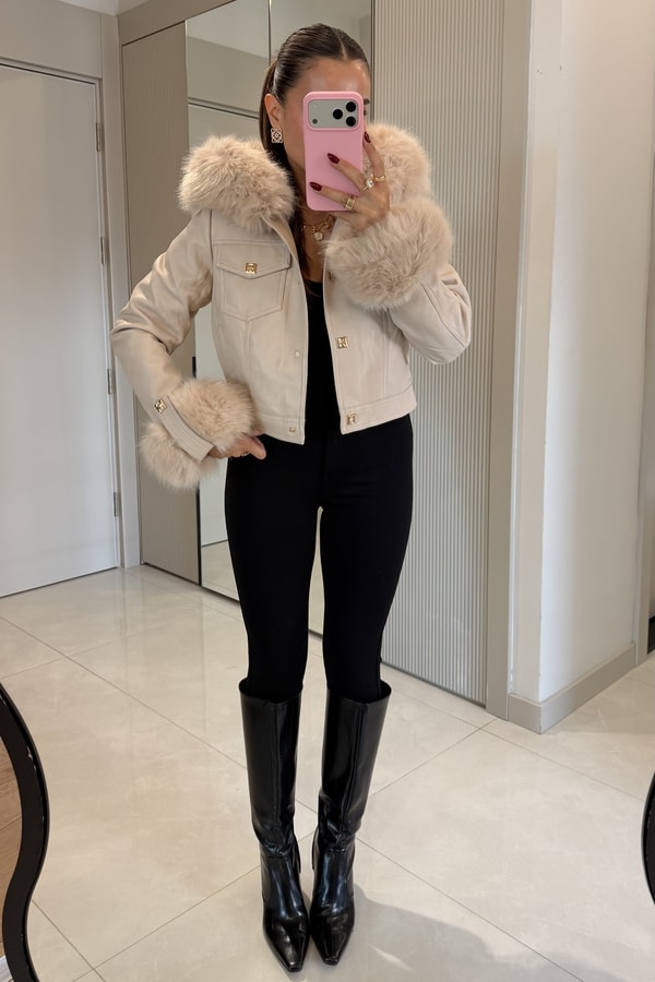 Valeria Bej İçi Kürk Astarlı Premium Deri Mont