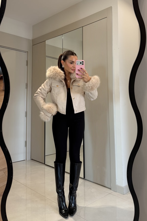 Valeria Bej İçi Kürk Astarlı Premium Deri Mont