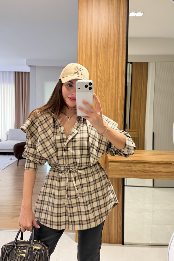 Valeria Ekru Şallı Ekose Gömlek