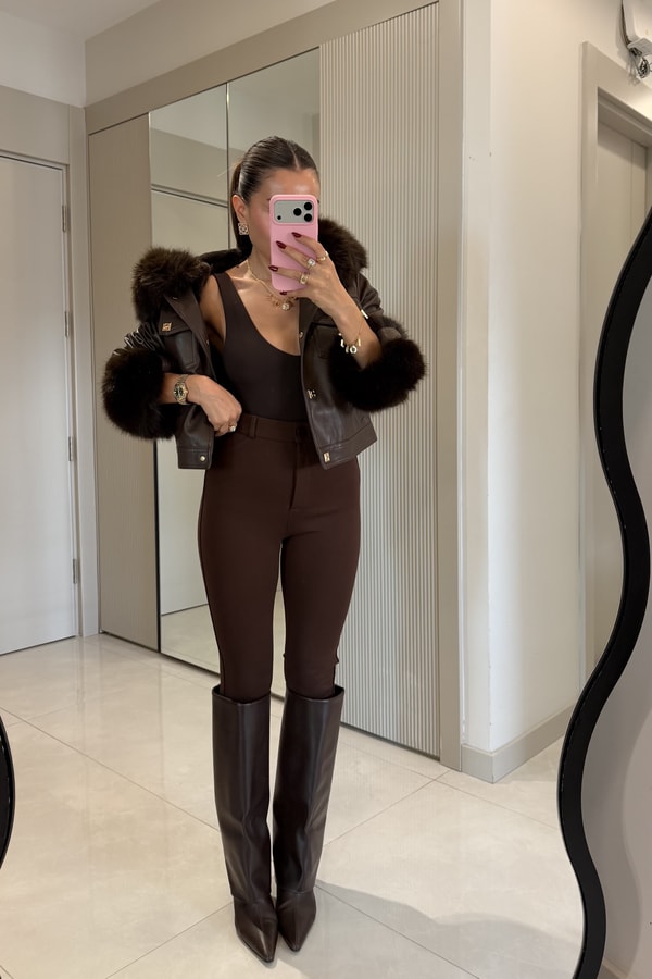 Valeria Kahve İçi Kürk Astarlı Premium Deri Mont