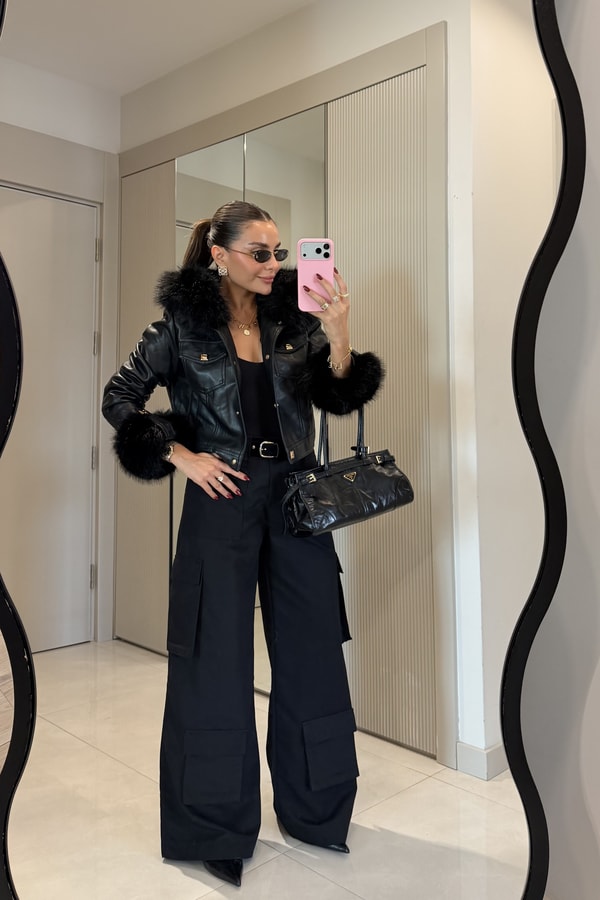 Valeria Siyah İçi Kürk Astarlı Premium Deri Mont