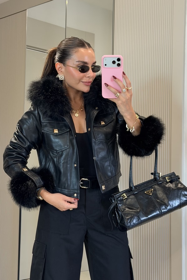 Valeria Siyah İçi Kürk Astarlı Premium Deri Mont