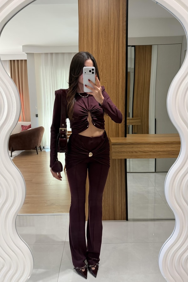 Valerio Mürdüm Aksesuar Detaylı Büzgülü Bluz Pantolon Takım
