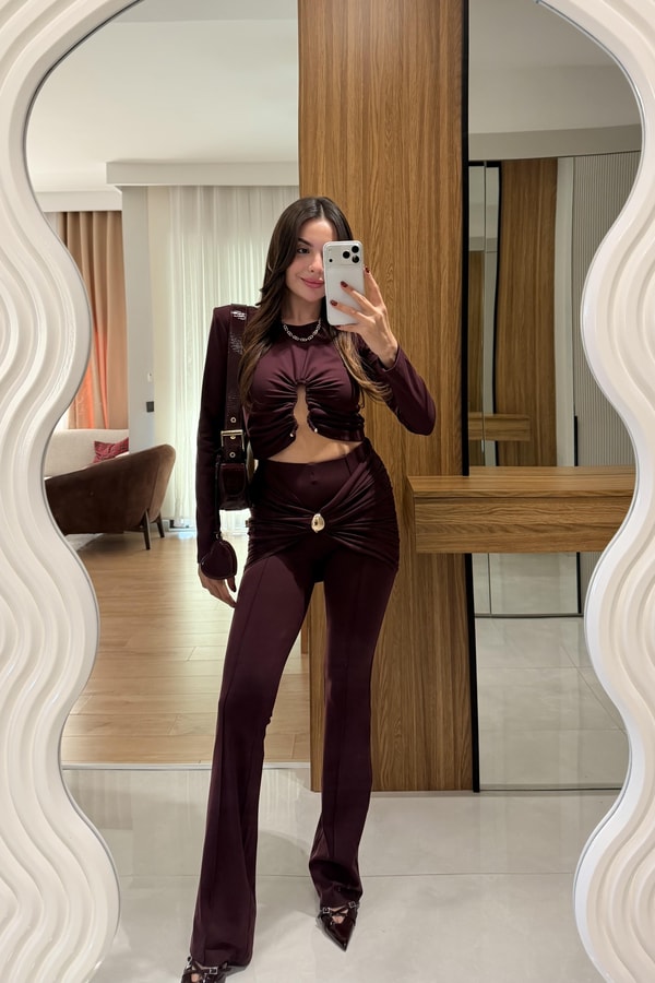 Valerio Mürdüm Aksesuar Detaylı Büzgülü Bluz Pantolon Takım
