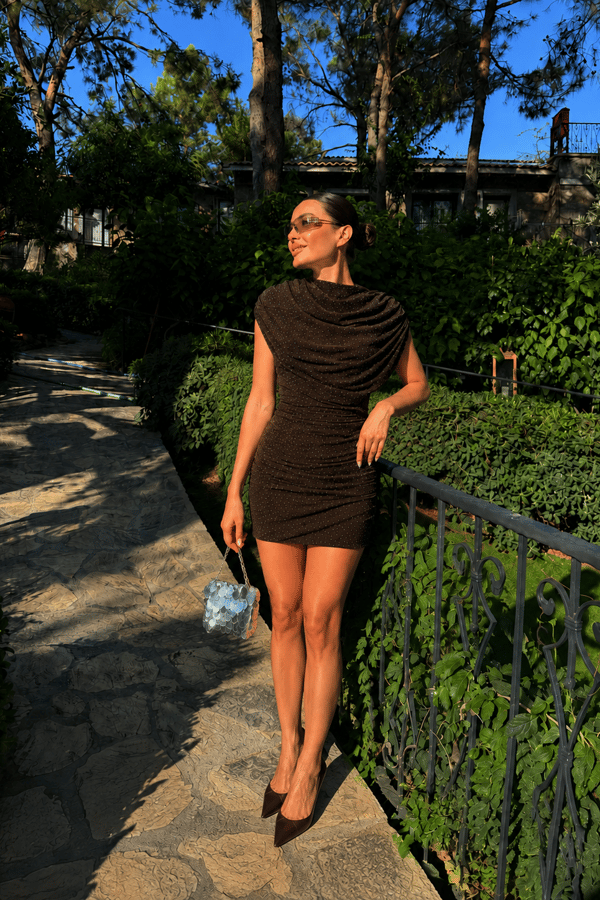 Valleria Kahve Drapeli Taşlı Mini Elbise