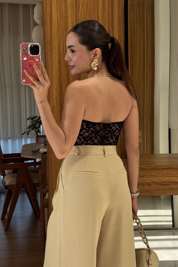Velira Siyah Straplez Dantel Bodysuit 