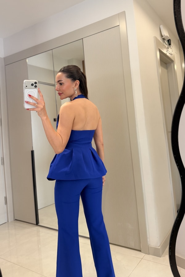 Velora Saks Mavi Premium Yelekli Takım