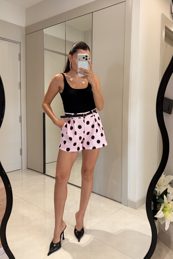 Venturi Pembe Kemerli Puantiye Desen Şort