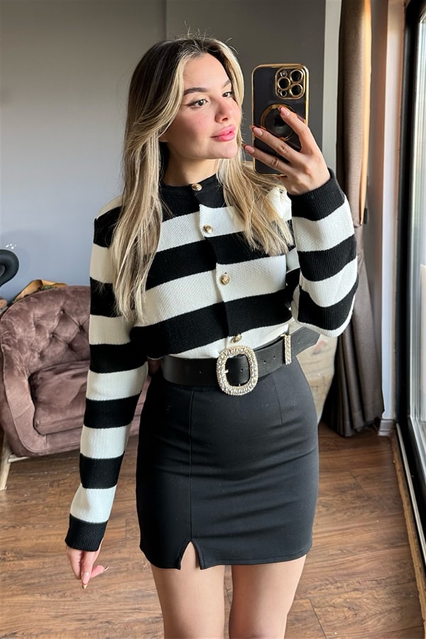 Vesna siyah beyaz çizgili hırka