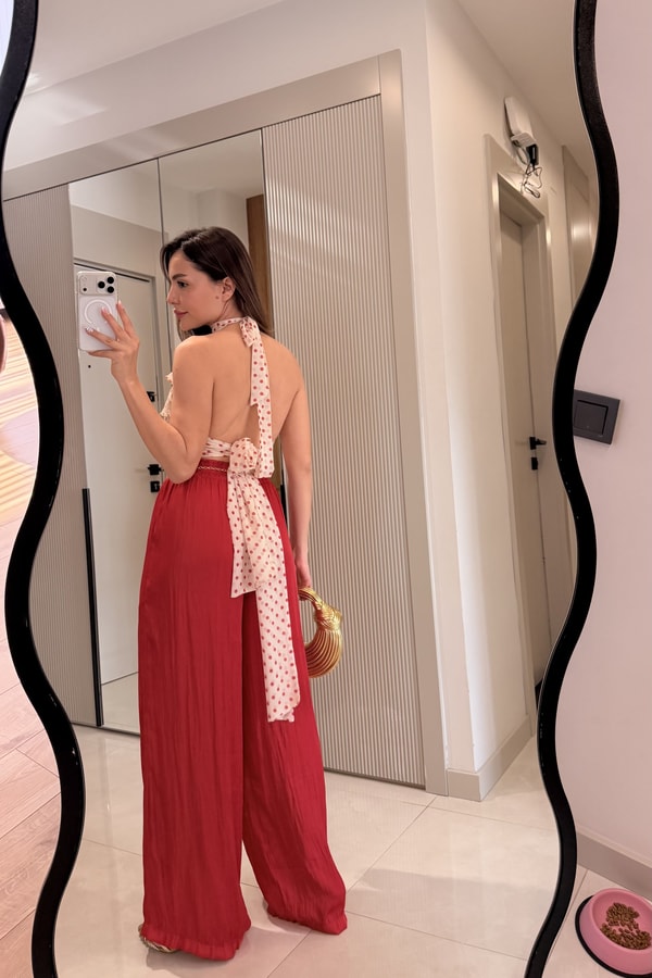 Vespera Kırmızı Kırışık Model Saten Pantolon