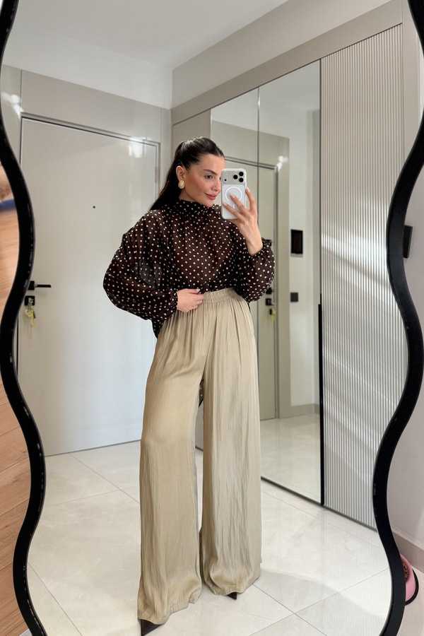 Vespera Mint Kırışık Model Saten Pantolon